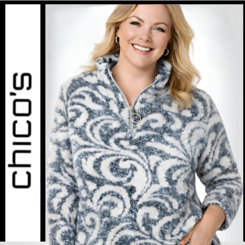 Chico’s Plush Fuzzy ¼-Zip Sweater Sweatshirt Gray White Abstract Size 3 (XL/16) - Picture 3 of 13